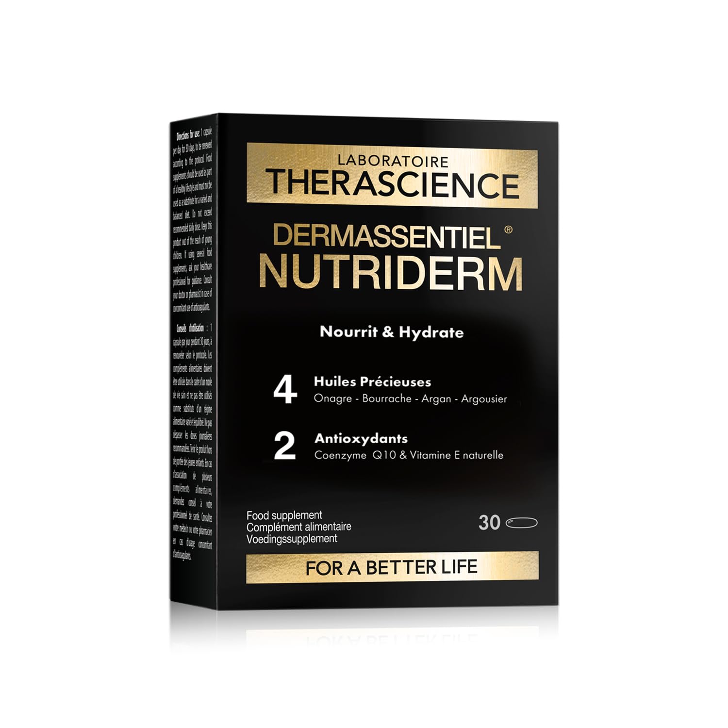 DERMASSENTIEL NUTRIDERM | Nourrit & Hydrate | Argan Onagre Bourrache Argousier | Hautement concentré en Omegas 3,6,7,9 | Coenzyme Q10 + Vitamine E antioxydants | 30 Capsules | Laboratoire THERASCIENCE