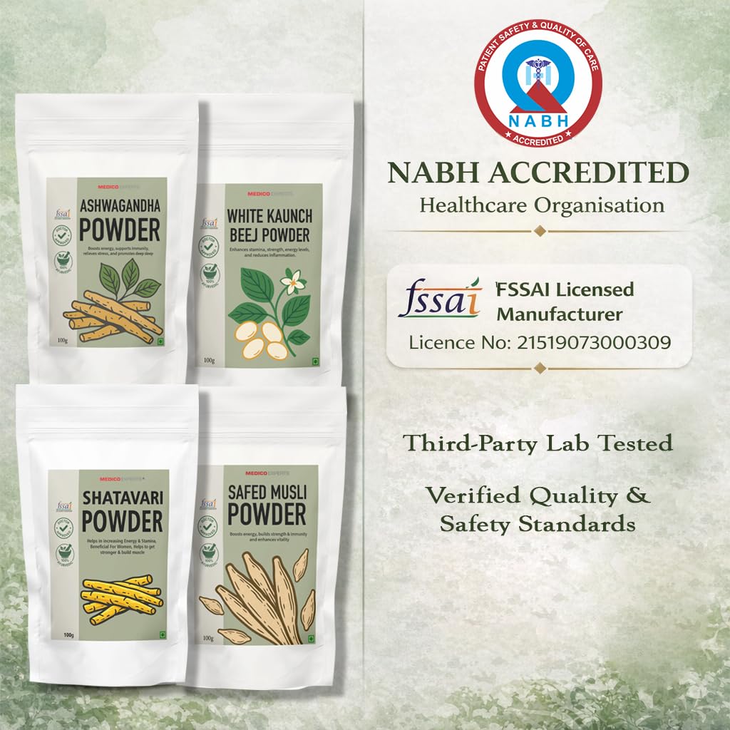 MedicoExperts Ashwagandha Powder, Safed Musli Powder, White Kaunch Beej, Shatavari Combo pack | Pure & Natural | For Energy & Natural Immunity | 100gm x4 (100gm each) 2