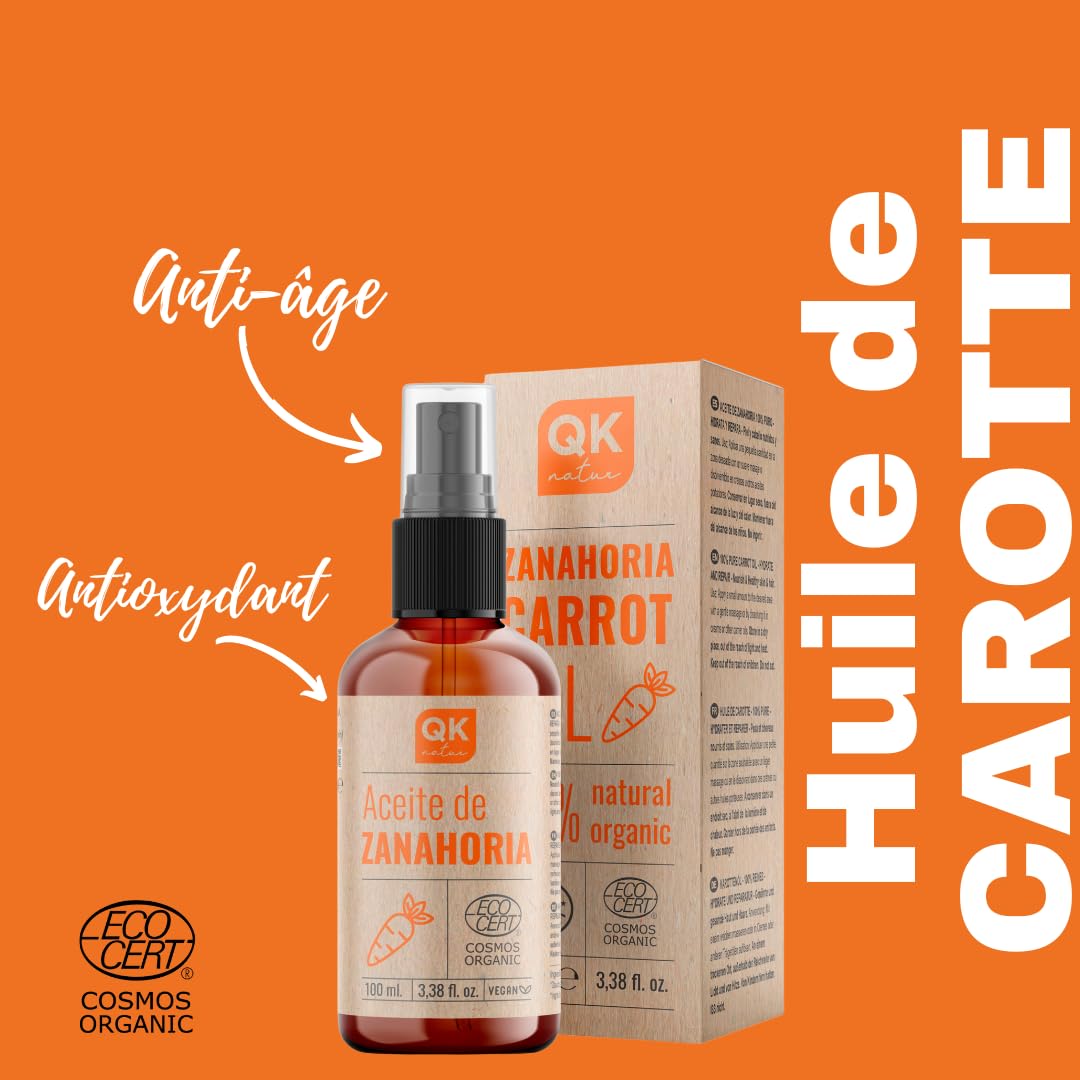 QKnatur - HUILE DE CAROTTE 100 ml - 100% pure et naturelle - Bronzant solaire naturel - Hydrate et rajeunit la peau - Répare les cheveux - Flacon en verre