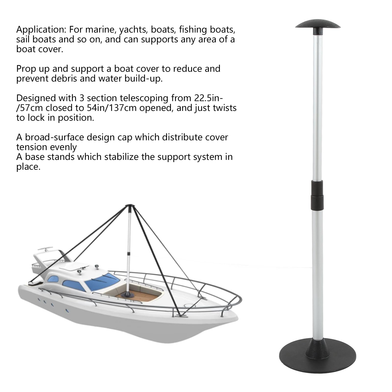 Cocoarm Palo di Supporto per Copertura della Barca, Alluminio Leggero e ABS, Regolabile da 22,5 Pollici a 54 Pollici, per Yacht e Barche da Pesca