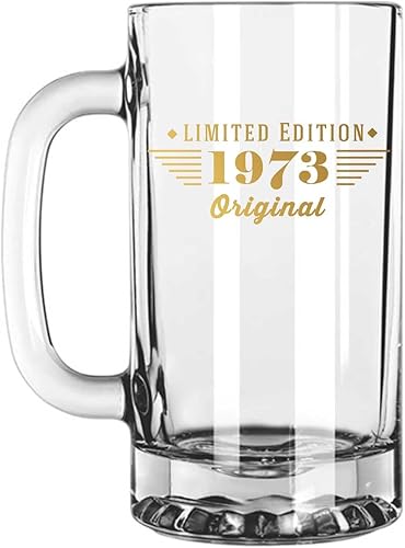 Taza de cerveza de vidrio con estampado vintage de 1973 de 16 onzas, dorada, 50 años de edad, regalos de cumpleaños 50 para hombres, regalos de