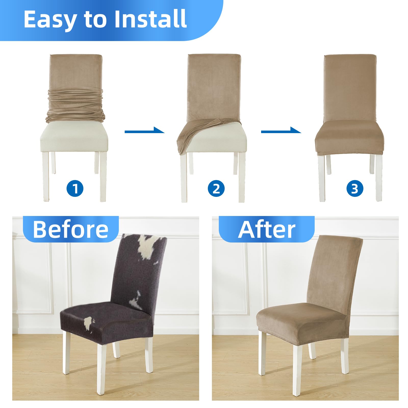 Housse De Chaise Velours 6 Pièces, Universel Extensible Protection Chaise Salle À Manger Epaisse pour Cuisine Restaurant Hotel Banquet, Camel