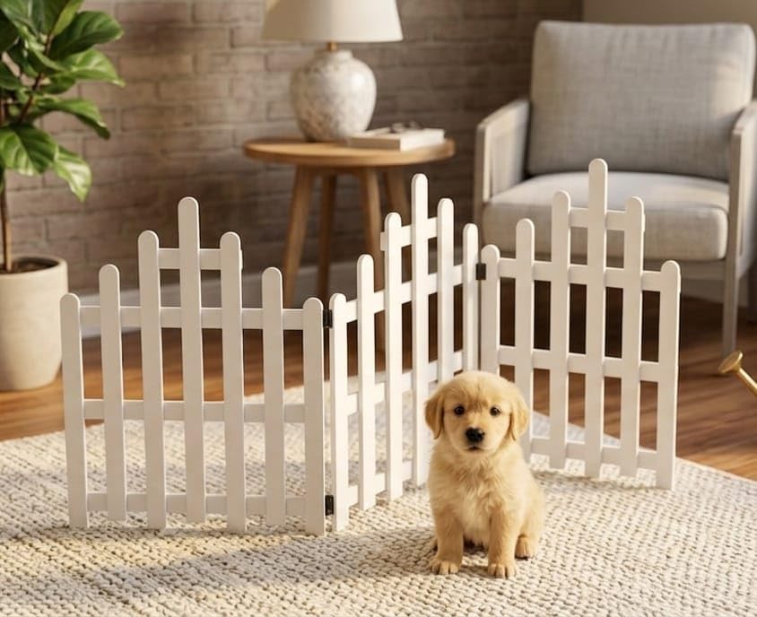 Foldable Wooden Pet Safety Fence Gate for Dogs & Puppies | Freestanding Room Divider & Partition Gate | Indoor Pet Barrier for Doorways, Stairs & Rooms (White)-image-10