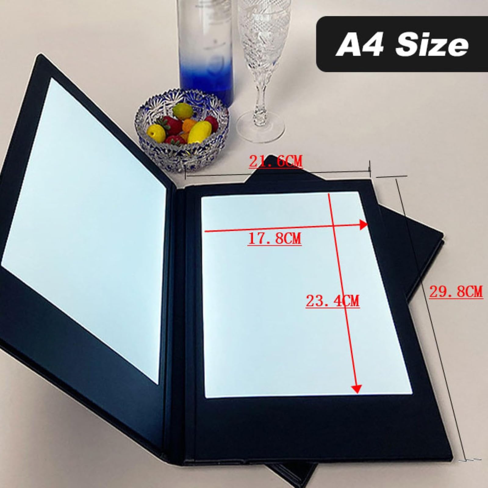 Cubiertas de Menú Luminosa A4/A5, Libro de Menú con Luz LED Recargable, Soporte de Exhibición Iluminado Plegable de Tres Paneles y Cuatro Lados, Textura de Cuero, Expositor para Bares de Restauran A4