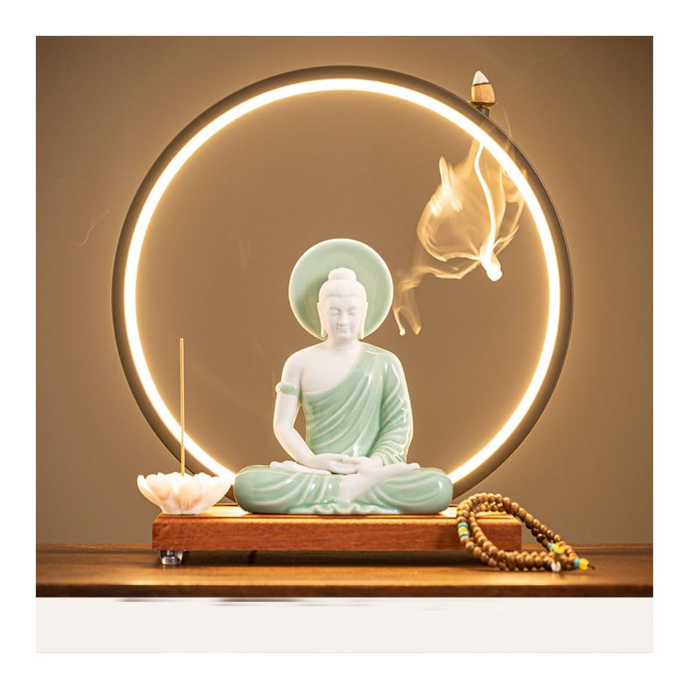Dytartzx #3 Shakyamuni Buddha Statue With Backflow Incense Burner Incense Holder With Led Light Ring Decorative Tathagata Buddha Figurine