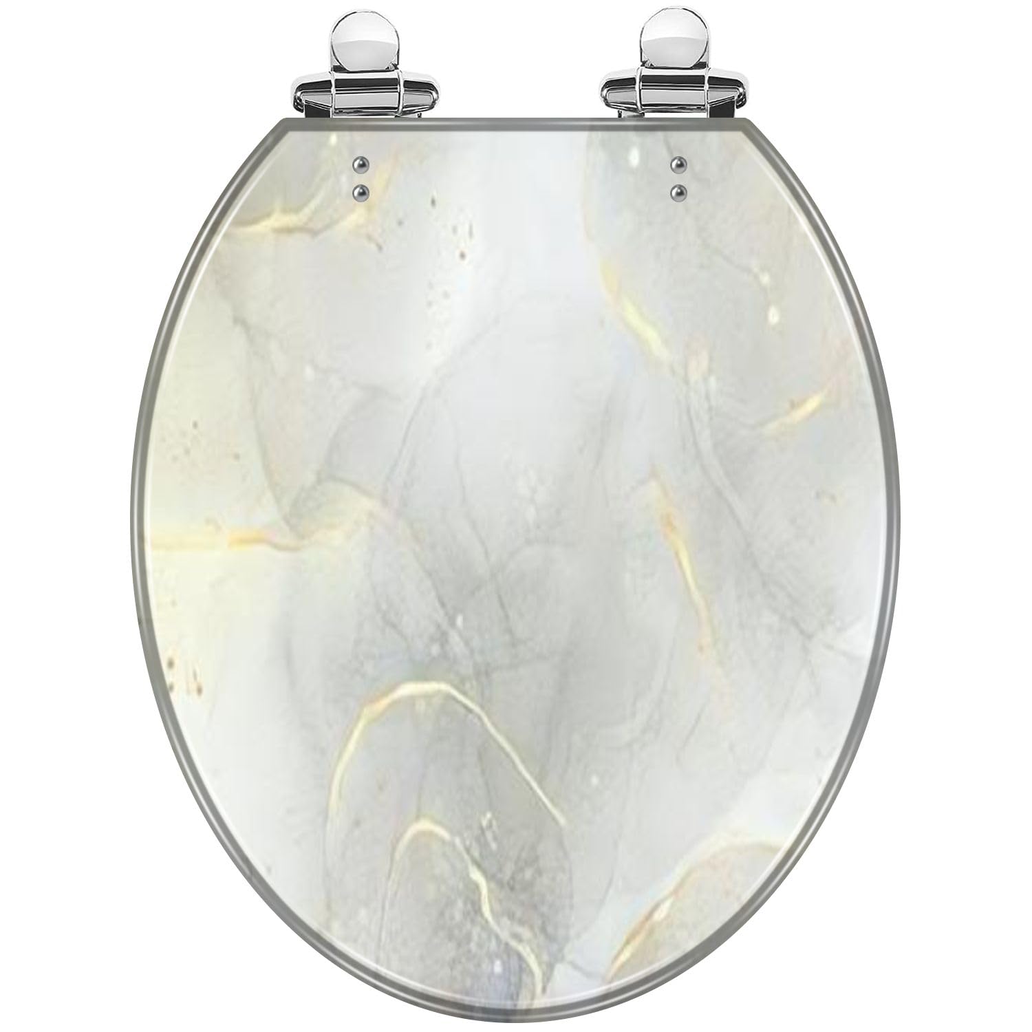 Round Toilet Seat Abstract marble dusty grey liquid watercolor gold lines gray Resin Toilet Seat with Quietly Close Quick Release Hinges Decorative Toilet Seat with Cover Easy to Clean and Install