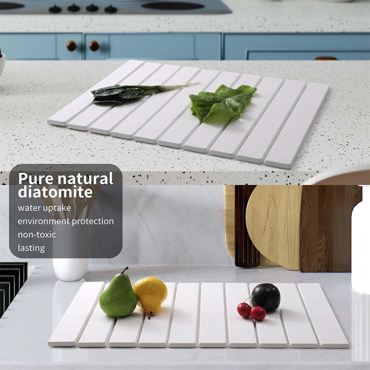 Quick-Dry Stone Dish Drying Mat, Foldable & Absorbent Kitchen Countertop Saver, Non Slip Reusable Diatomite Drain Board for Clean Surfaces & Efficient Drying