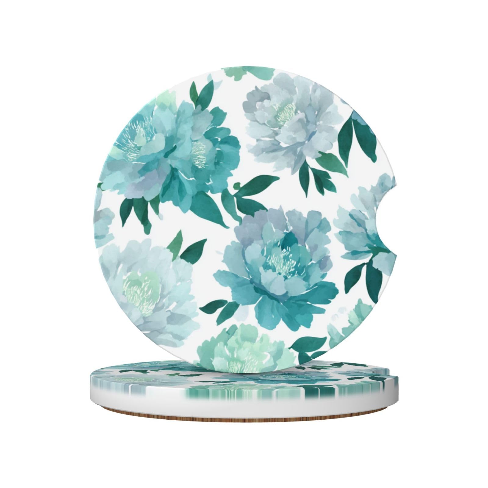 Watercolor Peony Pattern Greenist Ceramic Coasters,2pcs