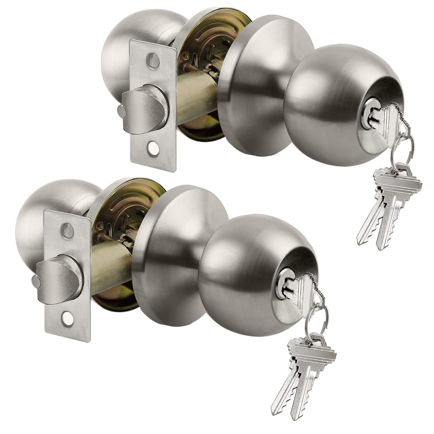 Photo 1 of BESTTEN [2 Pack] Entry Door Knob with Lock, Keyed Different Door Lock for Exterior Door and Front Door, Standard Ball, Satin Nickel