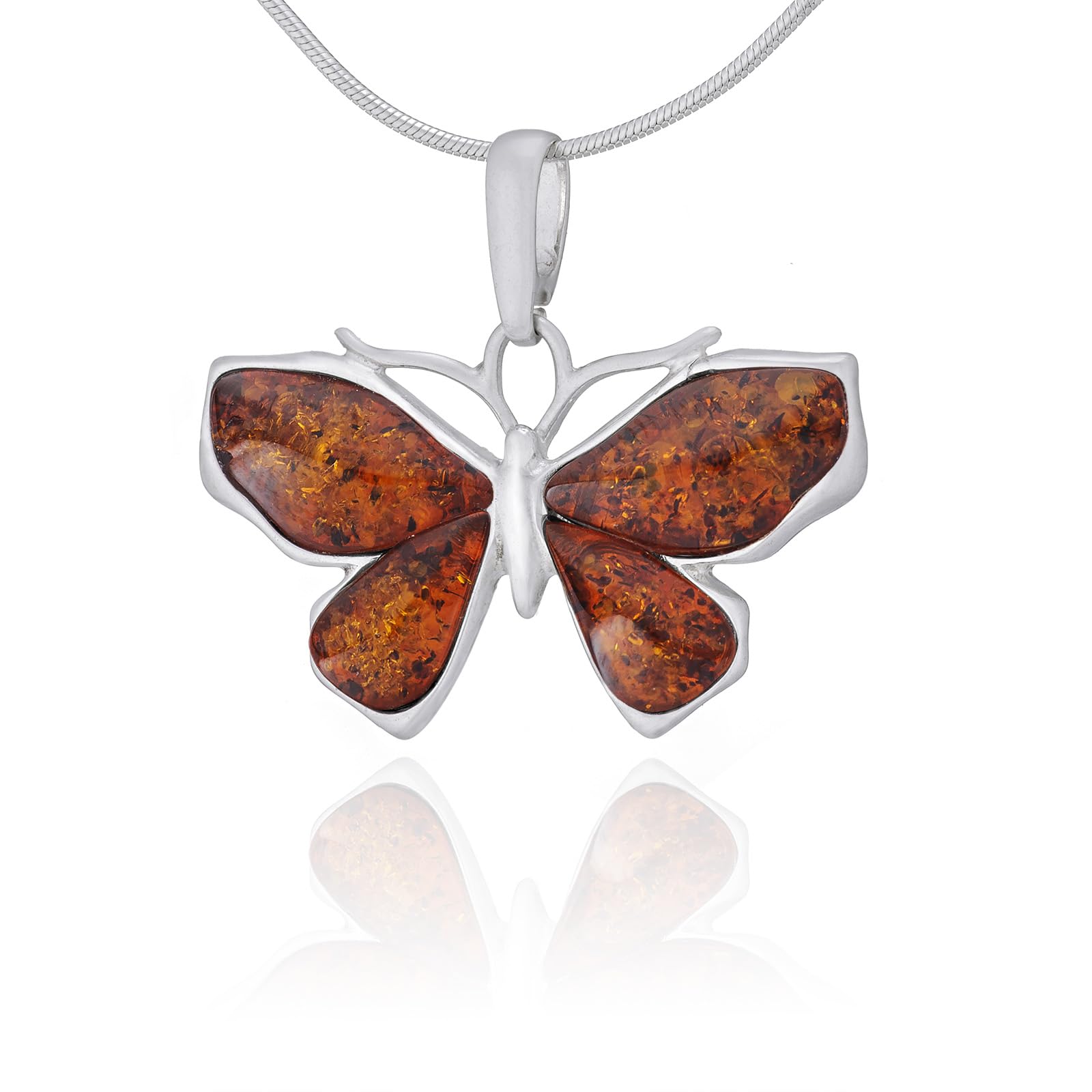 Collar Mujer Pequeña Mariposa I, Plata de Ley Pulida, Ámbar Báltico en Color Coñac, Colgante Mariposa de Plata con Cadena