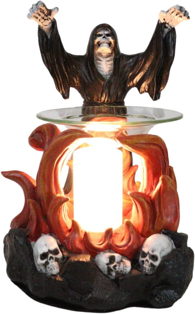 Ebros Fantasy Macabre Dark Conjuring Grim Reaper with Fire Magic Electric Oil Burner Warmer Aroma Scent Statue Long Home Fragrance Decorative Skulls Skeletons Accessory Figurine