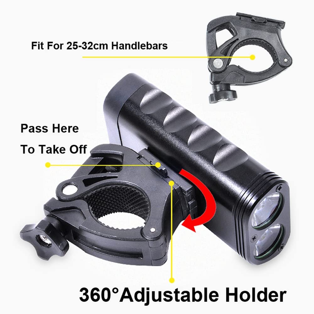 Phare Avant de vélo 1800 lumens, Batterie Externe 2200 mAh Rechargeable par USB, étanche IPX6, Lampe Torche pour VTT