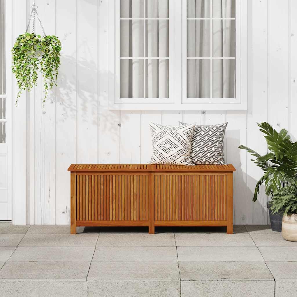 Caja de almacenamiento de jardín de 150 x 50 x 58 cm, caja de madera maciza de acacia con muelle de gas – Caja grande de madera con bolsillo interior impermeable para jardín terraza exterior