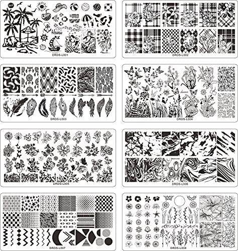 DRDS 13pcs Nail Stamp Plates set 8 plate 2Stamper 2Scraper 1storage bag Nails Art Stamping Plate Scraper Stamper Set Leaves Flowerst Travel Patterns Nail plate Template Image Plate