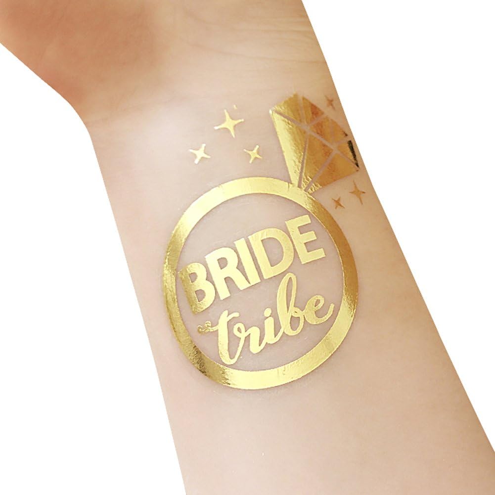 Bachelorette and Bride Tribe Temporary Tattoos, 12-Pack BRIDE & BRIDE Tribe, Bachelorette Party Supplies and Accessories Favours, Metallic Shiny Gold Tattoos (T10, T11)