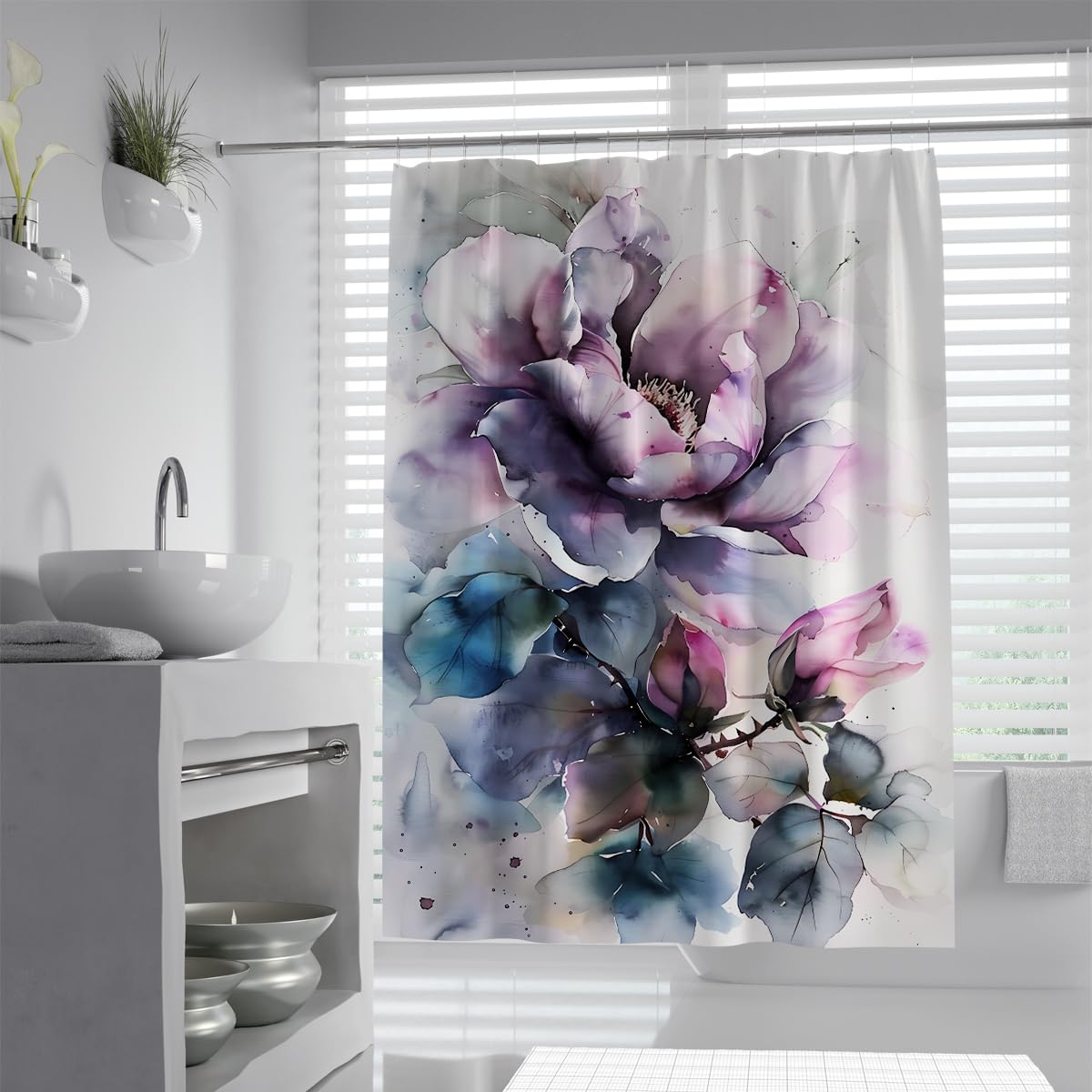 UIRINGART Lilac Petal Bath Screen Curtain W100xL200cm Fine Art Watercolor Floral Waterproof Quick Dry Polyester Fabric Washable Shower Curtain
