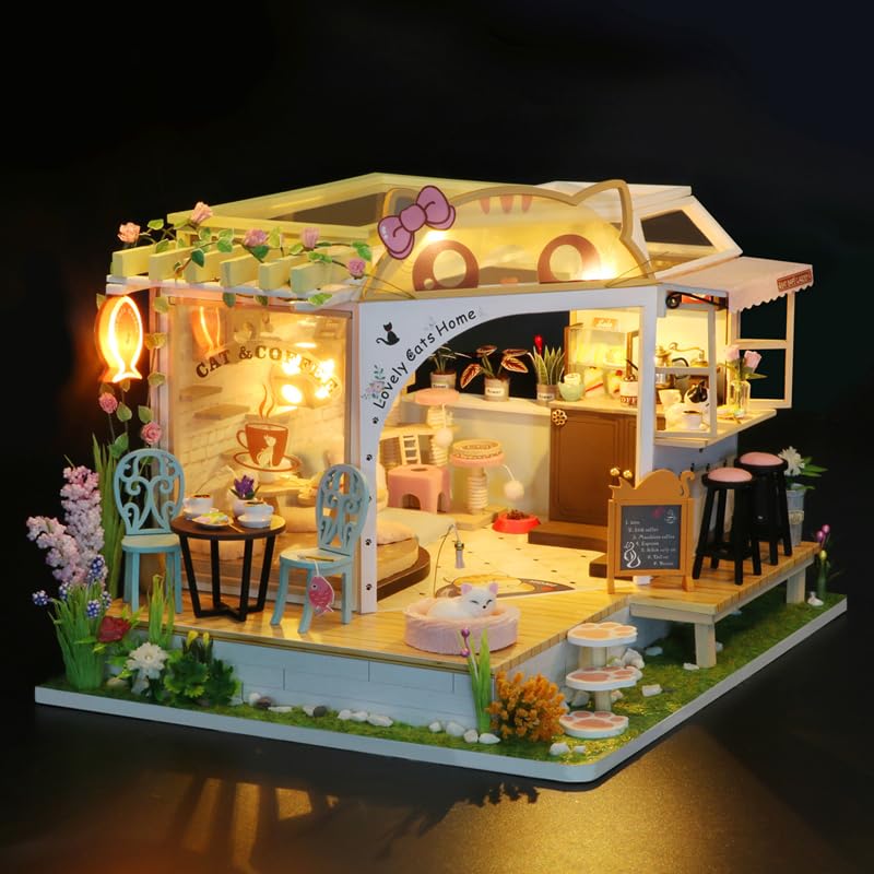 Kit fai da te Cat Cafe in miniatura per casa delle bambole con luce a LED, scala 1:24, fatto a mano, gatto, caffè, giardino, casa delle bambole, regalo di compleanno creativo per adolescenti (casetta