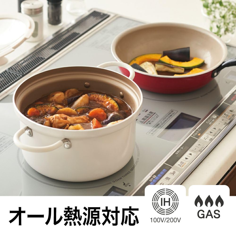 キッチン・食器 エバークック 両手鍋 22cm IH対応 レッド ガラス蓋付き