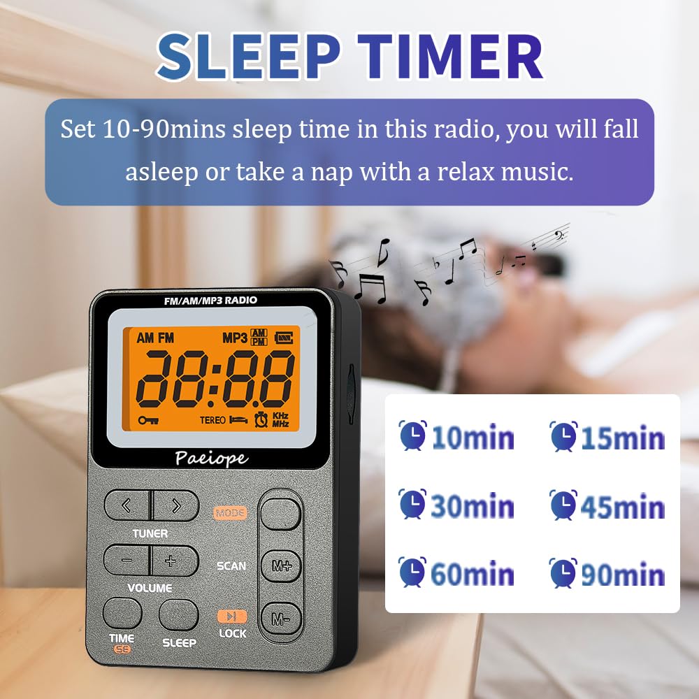 Radio portátil AM FM, radio de bolsillo recargable con la mejor recepción sintonización digital, MP3, auriculares estéreo, pantalla LCD grande, toma de tarjeta TF, radio transistor para