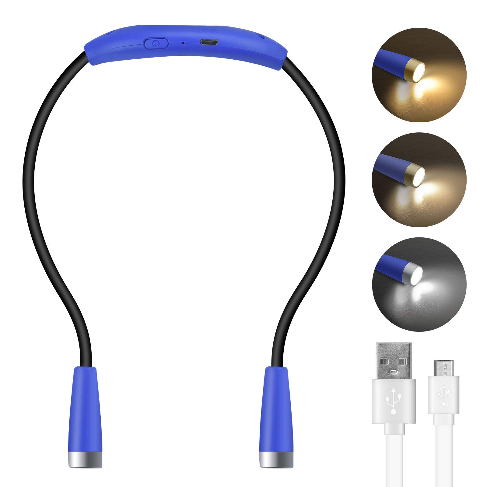 Luxvista Book Light for Reading in Bed at Night, Dimmable Gooseneck Hug Light USB Rechargeable, Flexible 3 Colors and 100%-15% Dimmable Brightness for Working Campaing (1-Pack)