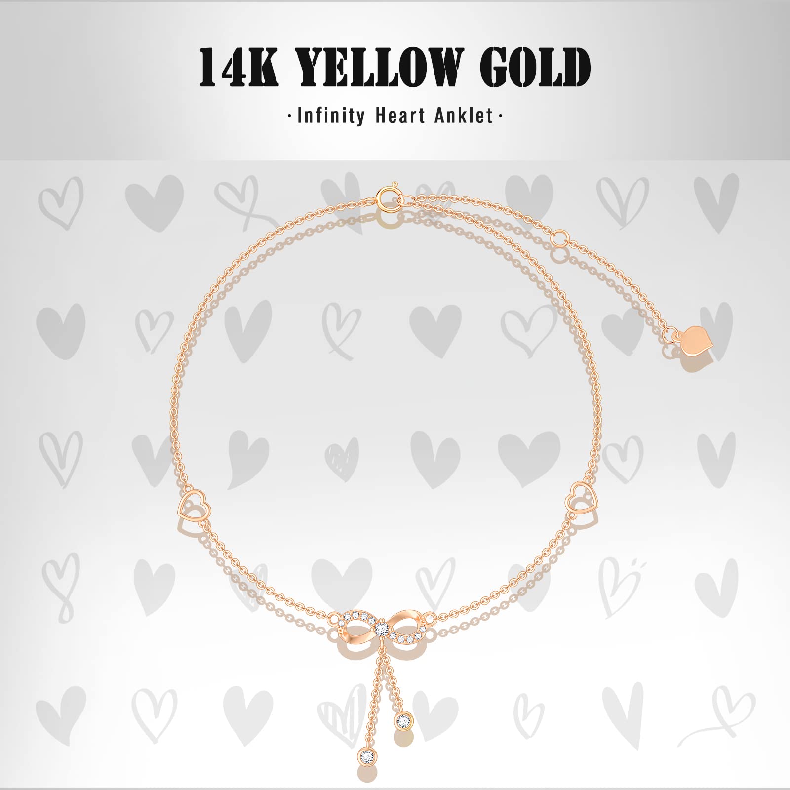Cavigliera da donna in oro massiccio 14 carati, con cuore infinito in moissanite, in vero oro puro, cavigliera con perline, per anniversario, compleanno, regalo per moglie e mamma, 20,3 cm + 5,1 cm