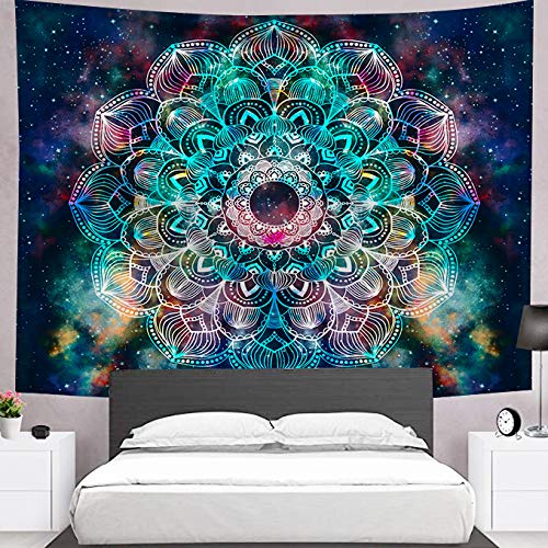 Ciujoy Mandala Wall Hanging Tapestry Psychedelic Star Constellation Galaxy Space Indian Bohemian Hippie Tapestries Beach Throw Blanket 150x130cm - Green Mandala Flower