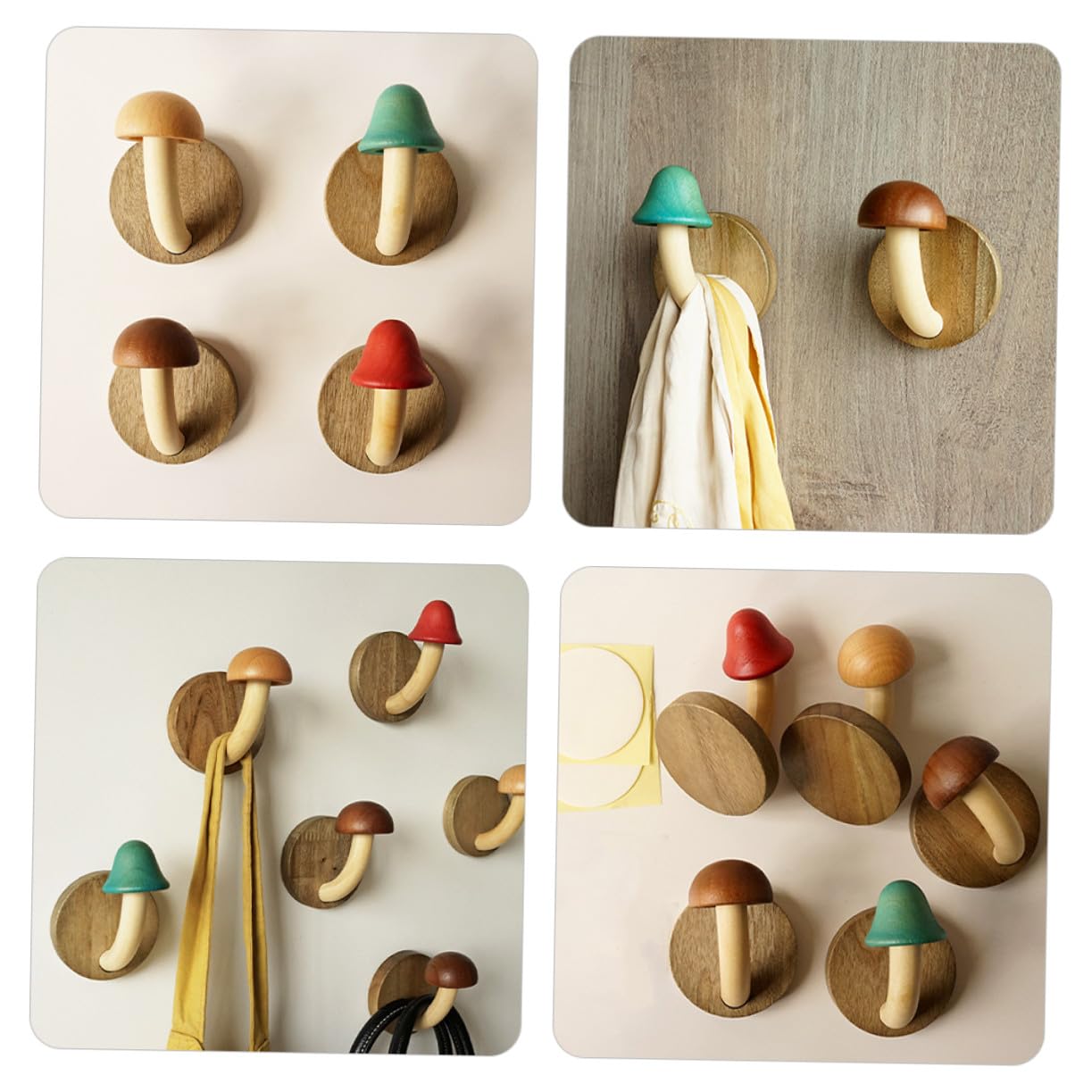 Crochets Muraux en Bois Forme Champignon sans Perçage, Lot 4 Pièces, Bois Naturel, Adhésifs, pour Salle de Bain et Chambre, Organisation Murale Multifonctionnelle