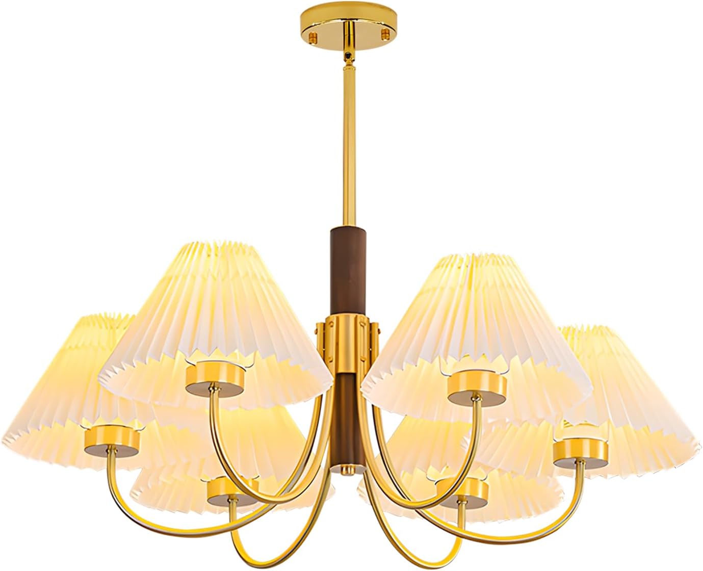 BOKT Vintage Fabric Shade Chandelier 6-Light Sputnik Chandelier Brass Classic Pendant Light Rustic Wood Chandelier Farmhouse Semi Flush Mount Ceiling Light Mid Century Kitchen Island Light Fixture