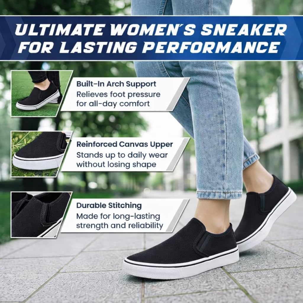 Emma Shoes Low-Top Slip Ons Women's Fashion Sneakers Casual Canvas Sneakers for Women Comfortable Flats Breathable Padded Insole Slip on Sneakers Women Low Slip on Shoes, Black, 9