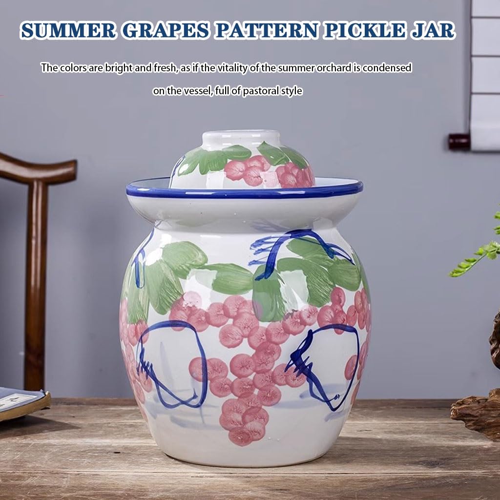 Creative Grape Pattern Kimchi Jar, Thickened Ceramic Fermentation Tank, Traditional Water-sealed Pickling Crock, Wide Mouth Design(4kg/141.1oz)