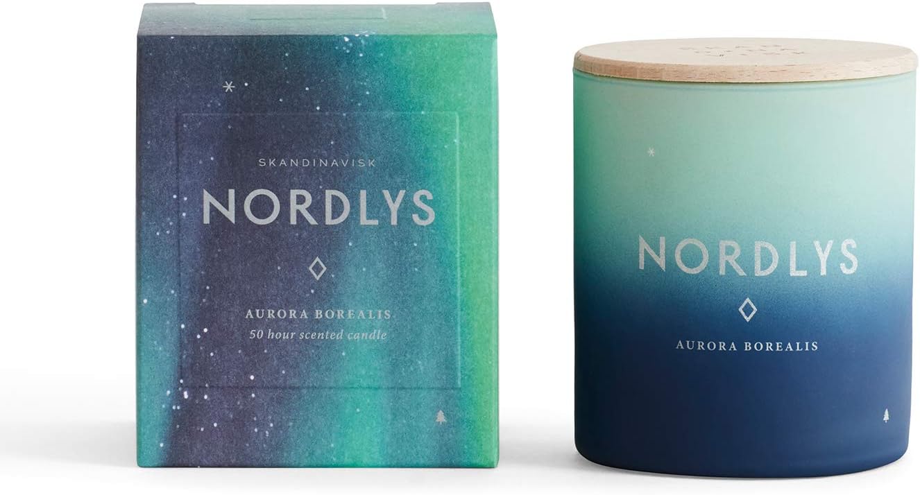 Skandinavisk Nordlys Scented Candle With Engraved Beechwood Lid - 190g - Vegetable wax - Blue/Green