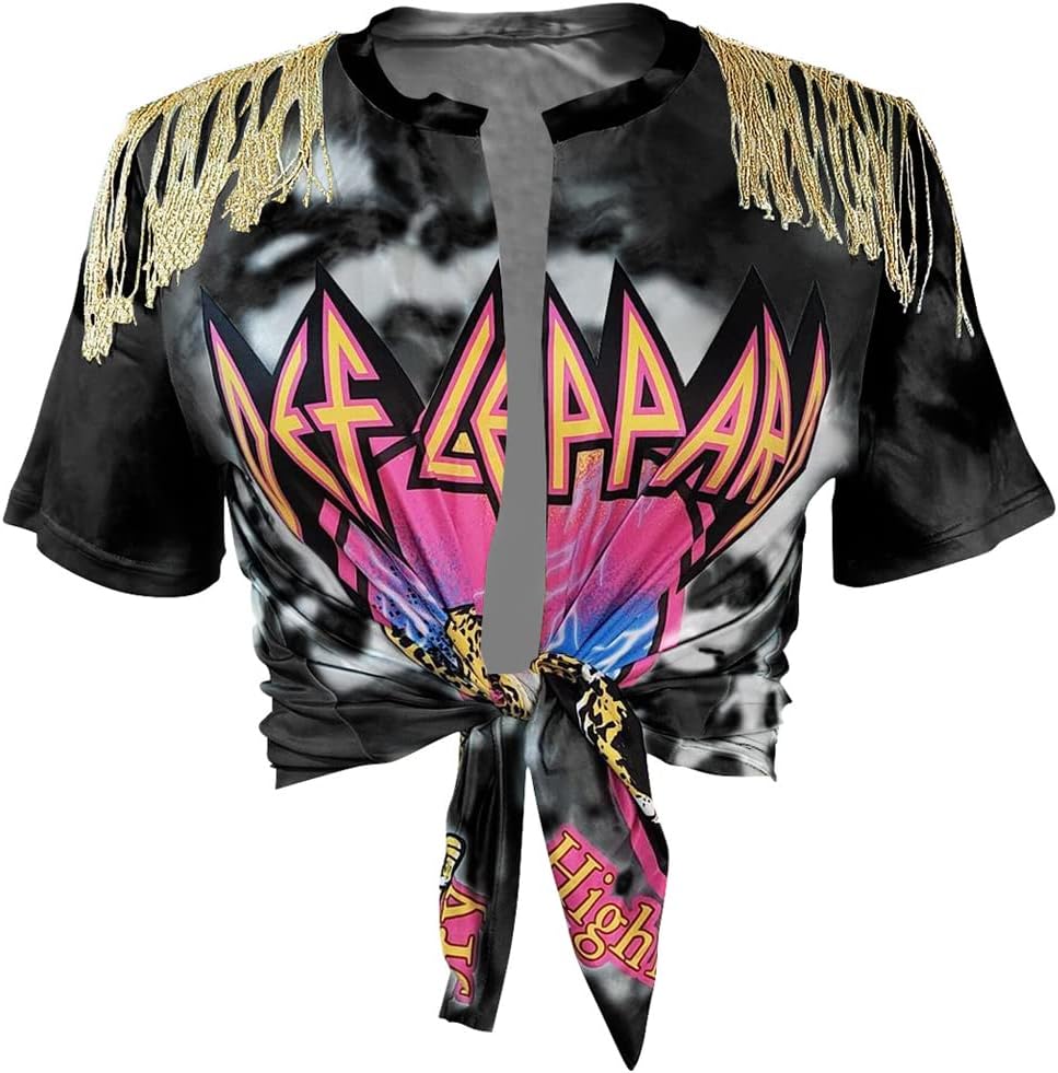 Bornpom Women Sexy Graphic Tees Low Cut V Neck Tops Fringe Short Sleeve Shirts Knot Front Tops - Image 2