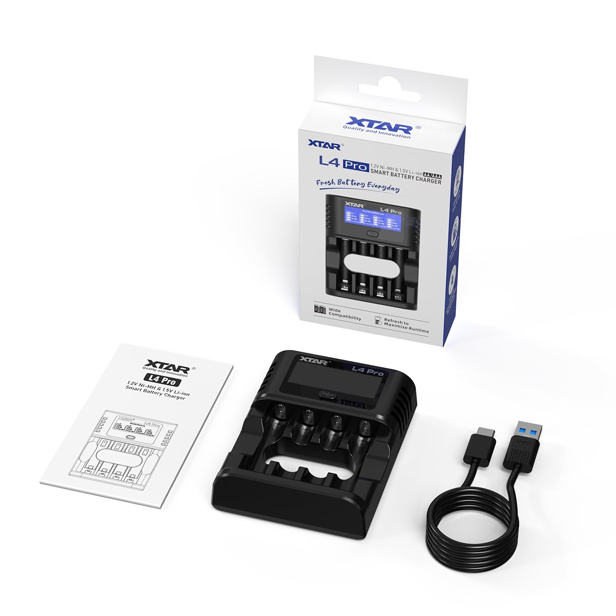 XTAR Chargeur L4 Pro pour piles AA AAA - Chargeur rapide compatible avec batteries NI-MH et Li-Ion - Chargeur intelligent avec protection contre les surcharges pour batteries 1,2 V et 1,5 V