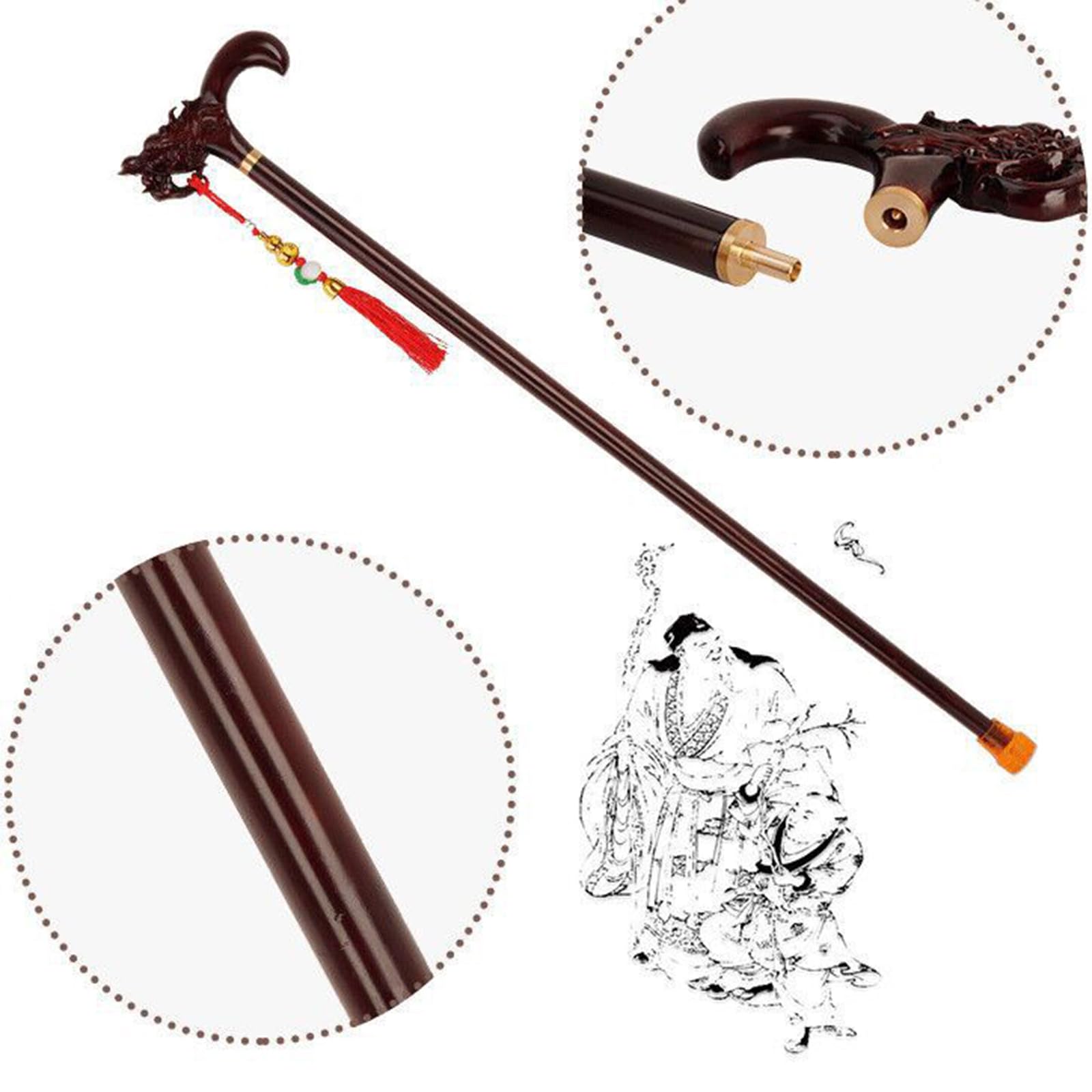 Luksusowa Drewniana Laska Z Uchwytem W Kształcie Smoka I Feniksa Męskie Odłączane Laski Retro Modne, Eleganckie Laski Dla Kobiet Ergonomiczny Uchwyt Na Dłoń(Size:176-180cm,Color:smok)