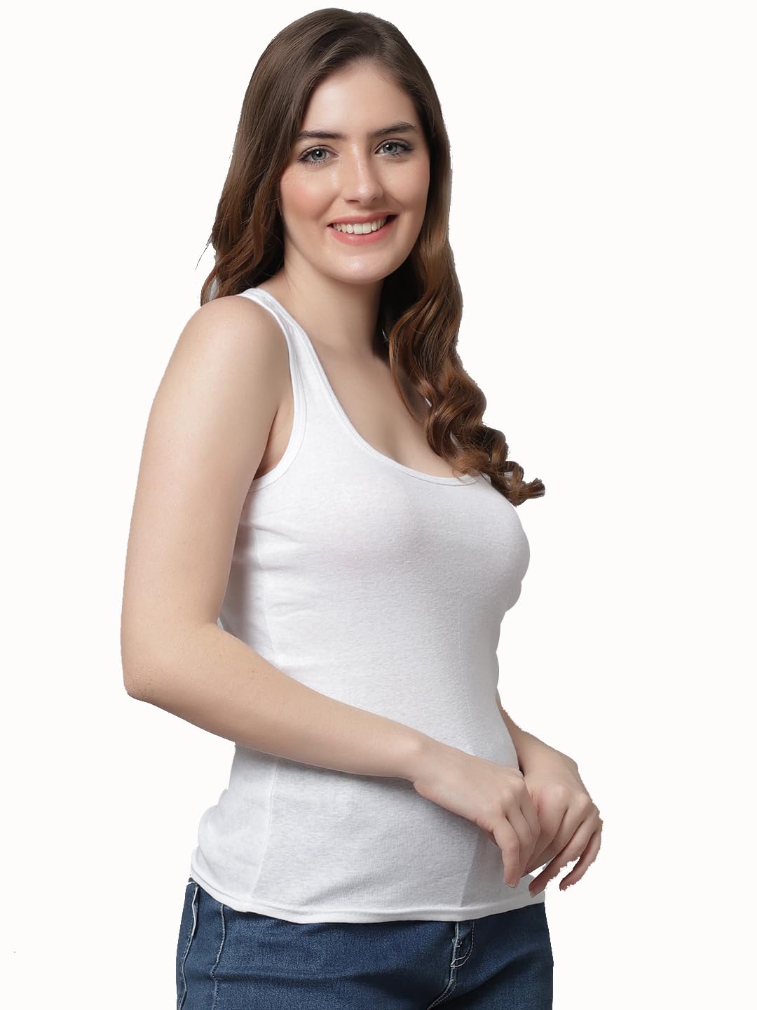 KEX Fashion Women's & Girls Slim Fit Cotton Racerback Tank Top | Soft & Breathable Fabric | Stylish Plain Sleeveless Tee for Casual, Active or Layered Wear | White Color | All-Day Comfort 3