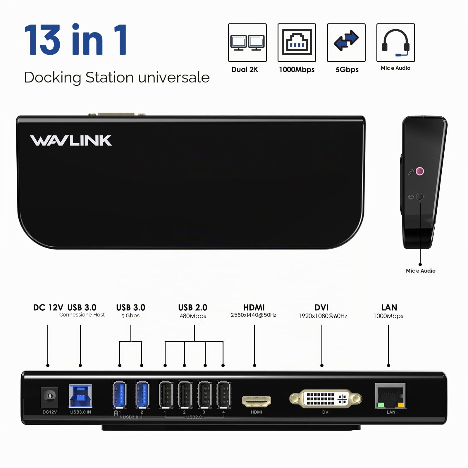 WAVLINK USB 3.0 / USB C Laptop Docking Station per Windows e macOS (doppio monitor: HDMI e DVI/HDMI/VGA, Gigabit Ethernet, audio, 6 porte USB)
