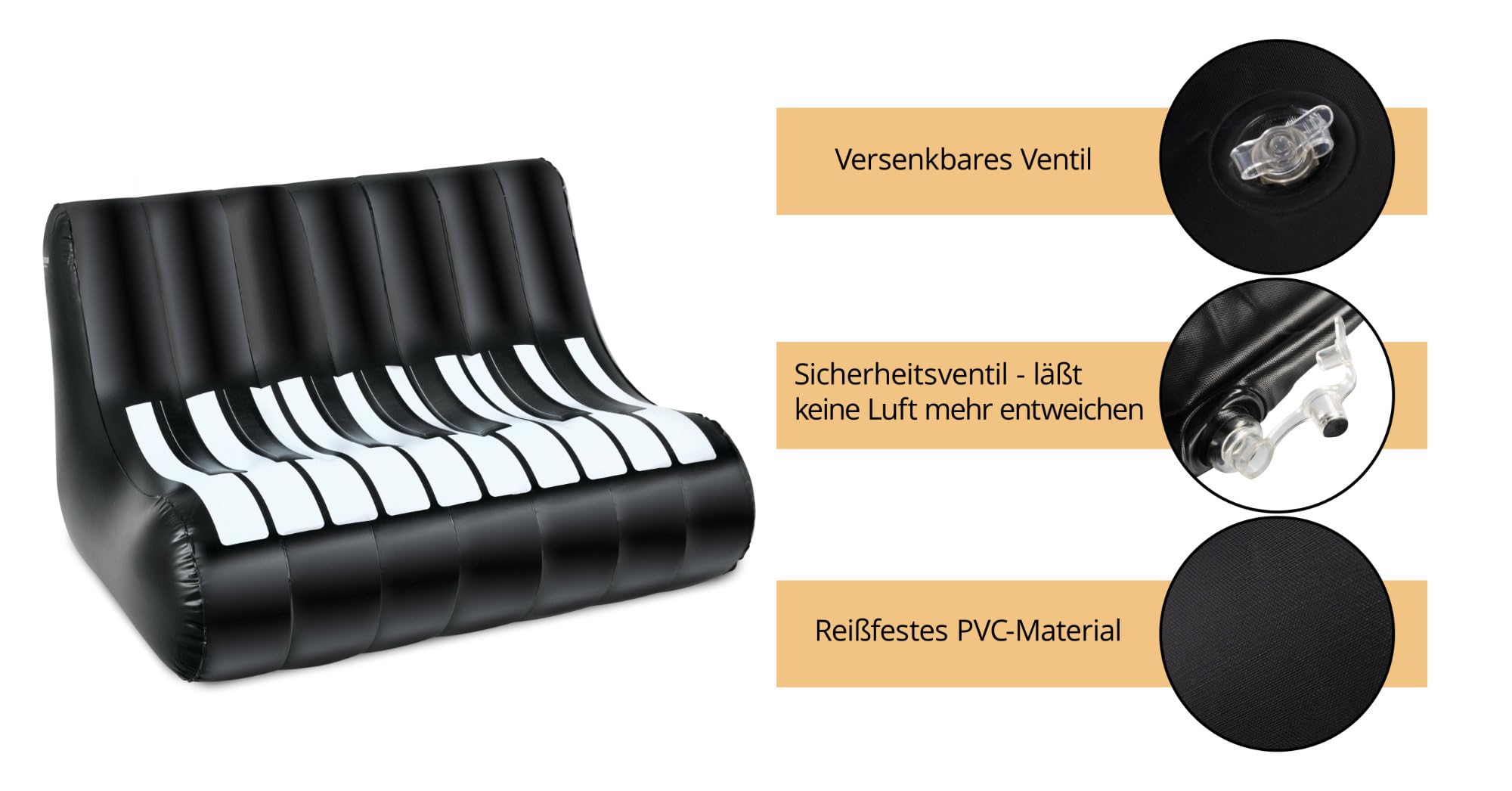 Stagecaptain IF-12088 Sofá Inflable Diseño Piano - Sofá de PVC - para 2 Personas - Ideal para Festivales, Camping, Jardín, Sala de Ensayo o Salón - Dimensiones: Aprox. 127 x 75 cm