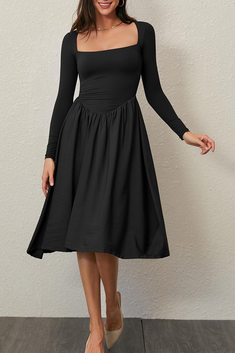 CHYRII Women Spring Fashion 2025 Square Neck Long Sleeve Casual A-Line Midi Dress - Image 4