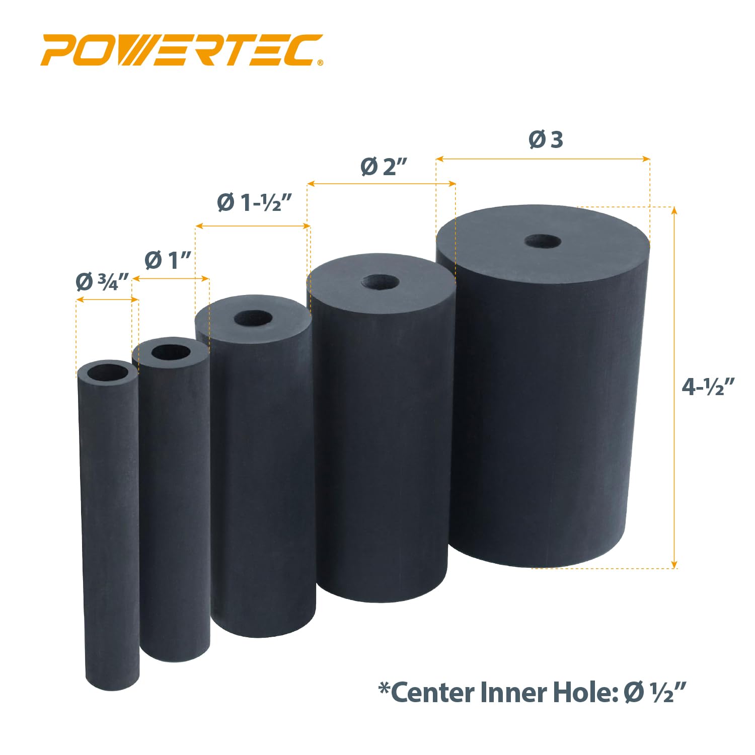 POWERTEC OS1000004 - Juego de 5 tambores de goma oscilantes para taladro o prensa de taladro con 3/4", 1", 1-1/2", 2", 3"