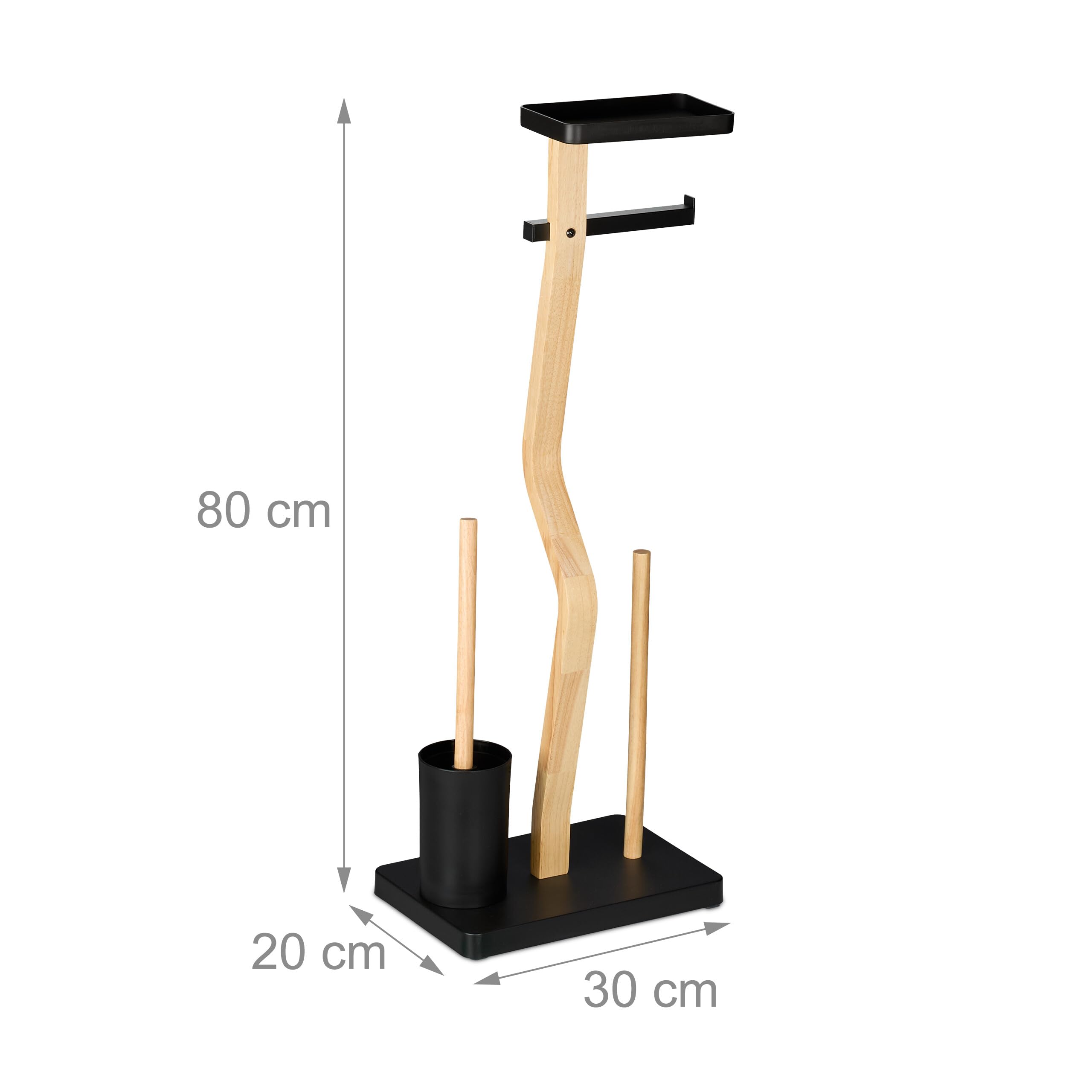 Relaxdays Serviteur WC Non Fixe, avec Support pour téléphone, H x L x P : 80 x 30 x 20 cm, Noir et Nature