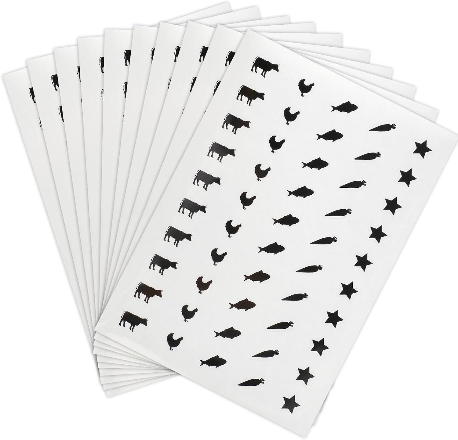 500pcs 5 Styles Meal Stickers for Place Cards, 0.8in/2cm Wedding Food Selection Stickers Beef Chicken Fish Carrot Star Wedding Food Indicators (Black)