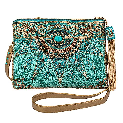 Mary Frances New Day Beaded Handbag Clutch – Sunburst Design Crossbody Evening Bag, Turquoise