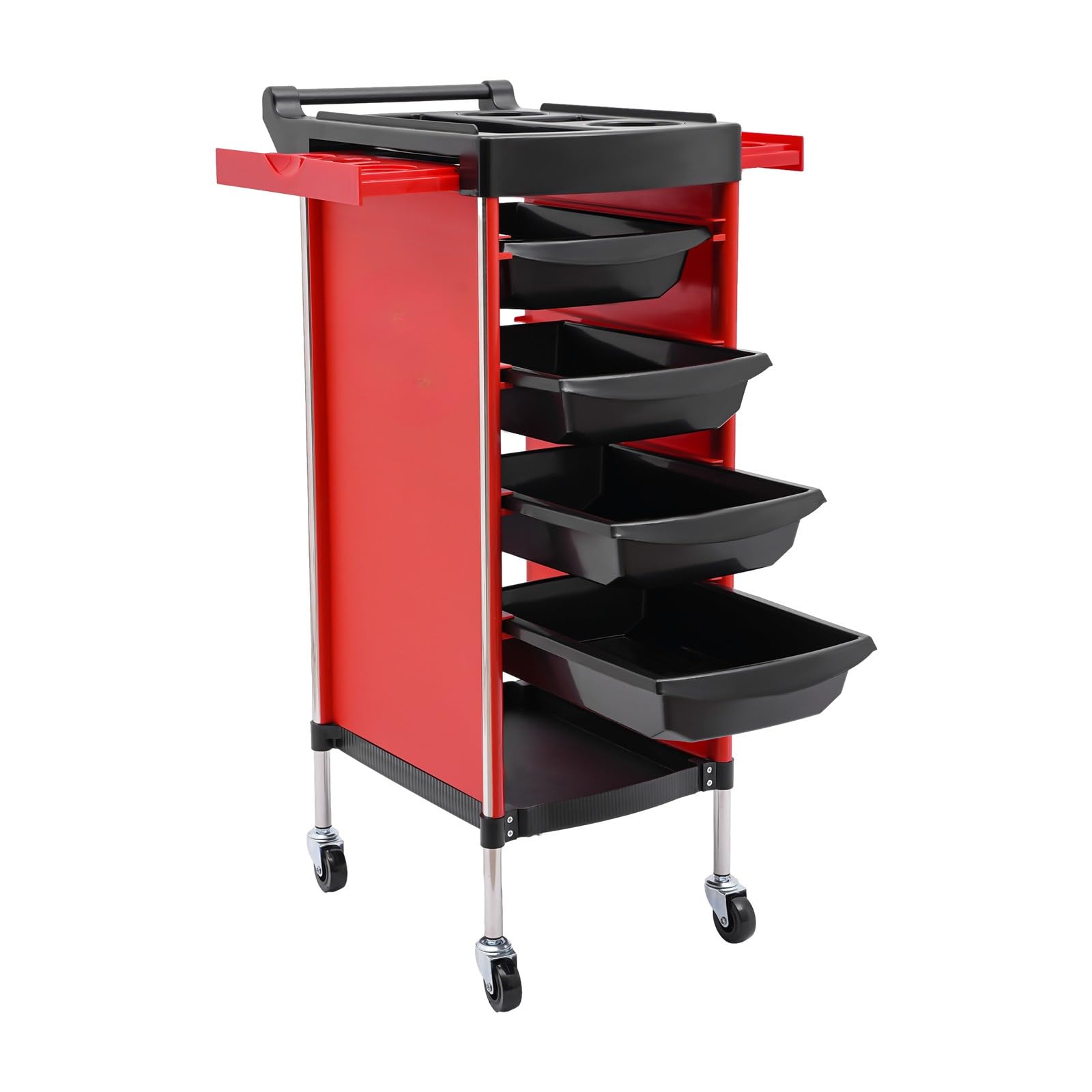 6 Etagen Friseurwagen mit 4 Schubladen und Räder, Bedienungswagen, Friseur Arbeitswagen Drehbar, Beauty Salon Trolley, Friseur Zubehör, Einziehbare Ablagen, 36 x 37 x 85cm (Rot)