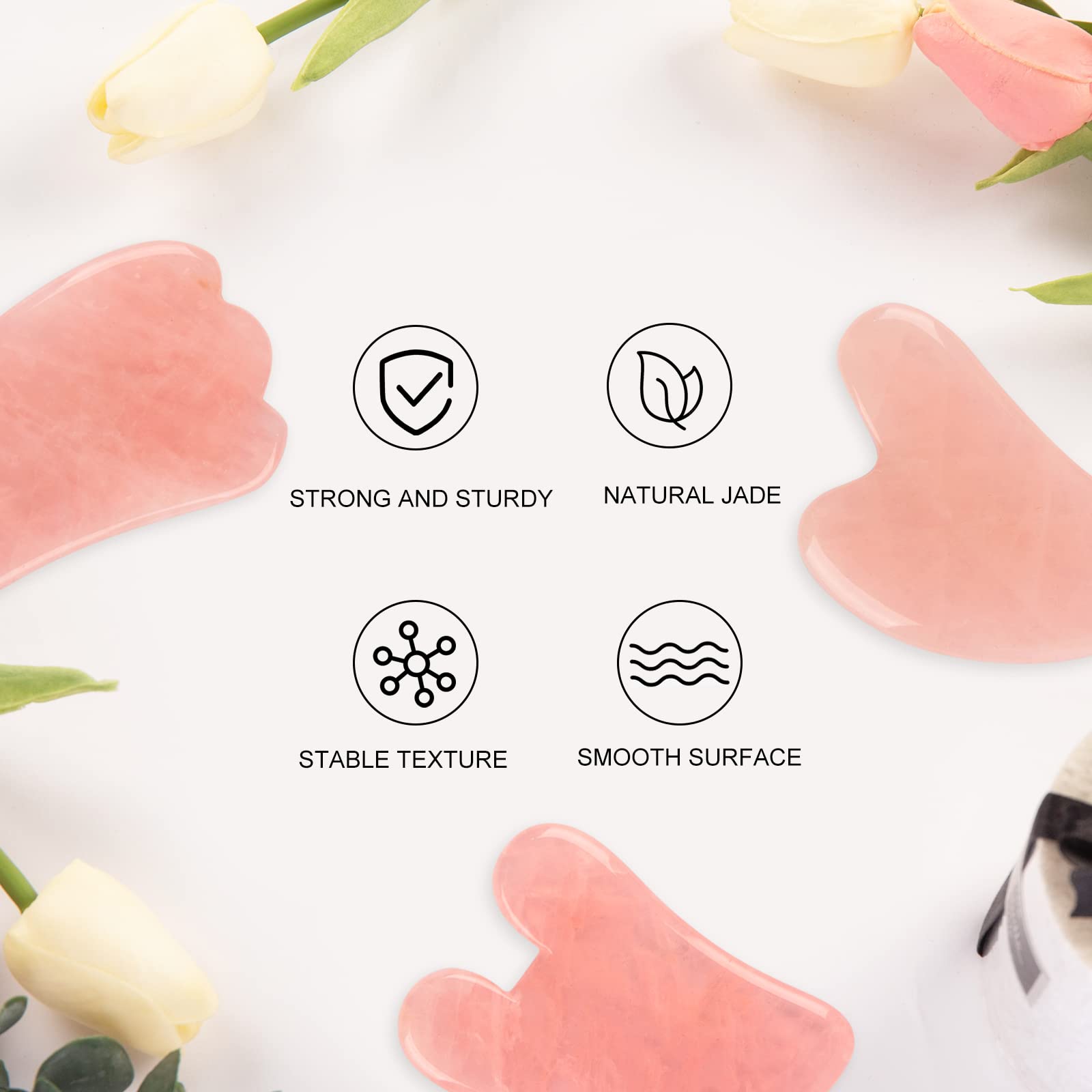 Gua Sha - Juego de 3 herramientas de masaje Guasha de cuarzo rosa, herramienta de raspado para cara, cuello, ojos y cuerpo, piedra de jade Guasha, paquete de 3 (rosa)
