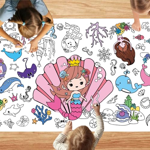 Quimoy Mermaid Tablecloth, Giant Coloring Poster for Kids 30 x 72 Inch, Coloring Banner, Party Decorations for School Classroom Home Supplies