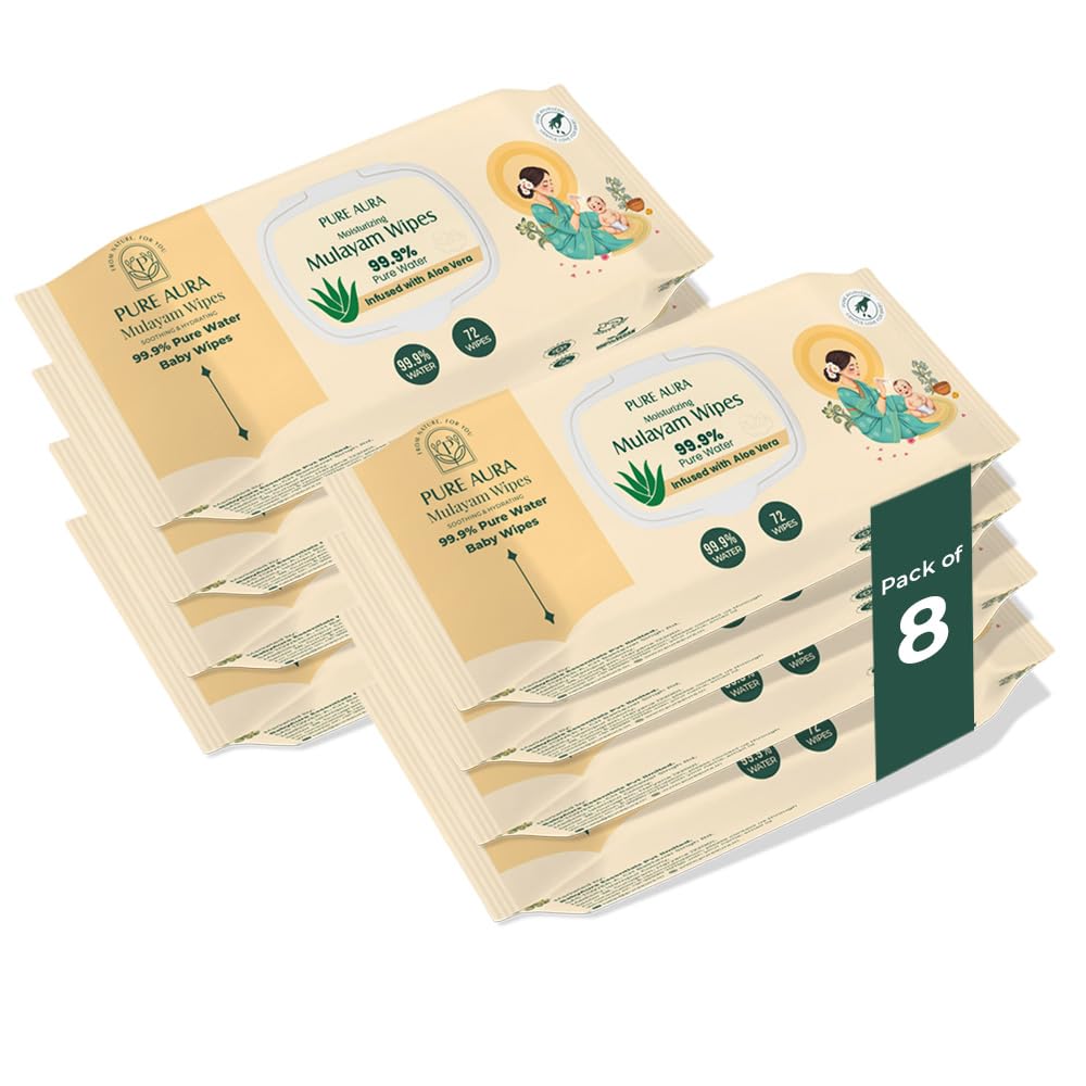 Pure Aura Baby Wipes with 99.99% Pure Water | Pack of 8 (576 Wipes) | Ultra Soft & Thick | Natural Plant-Based | Infused with Aqua & Aloe Vera | Gentle & Safe for Newborns-image-41
