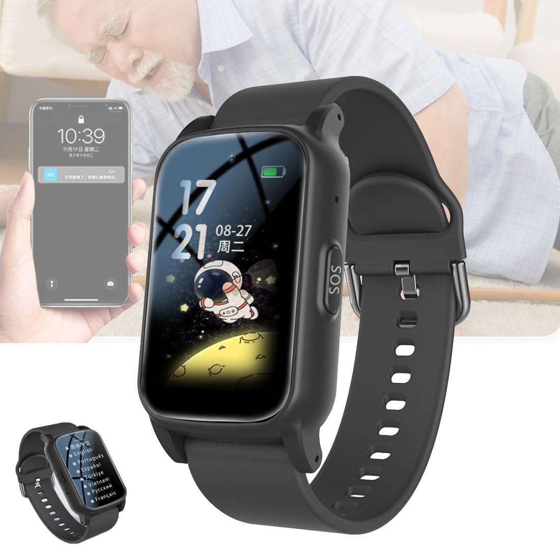 Dispositifs D'alerte De Chute pour Personnes Âgées, Traceur Personne Âgée，Montre Connectée avec Détecteur De Chute, Bouton SOS + Appel Vidéo HD，étanche Black,28.5 * 2CM