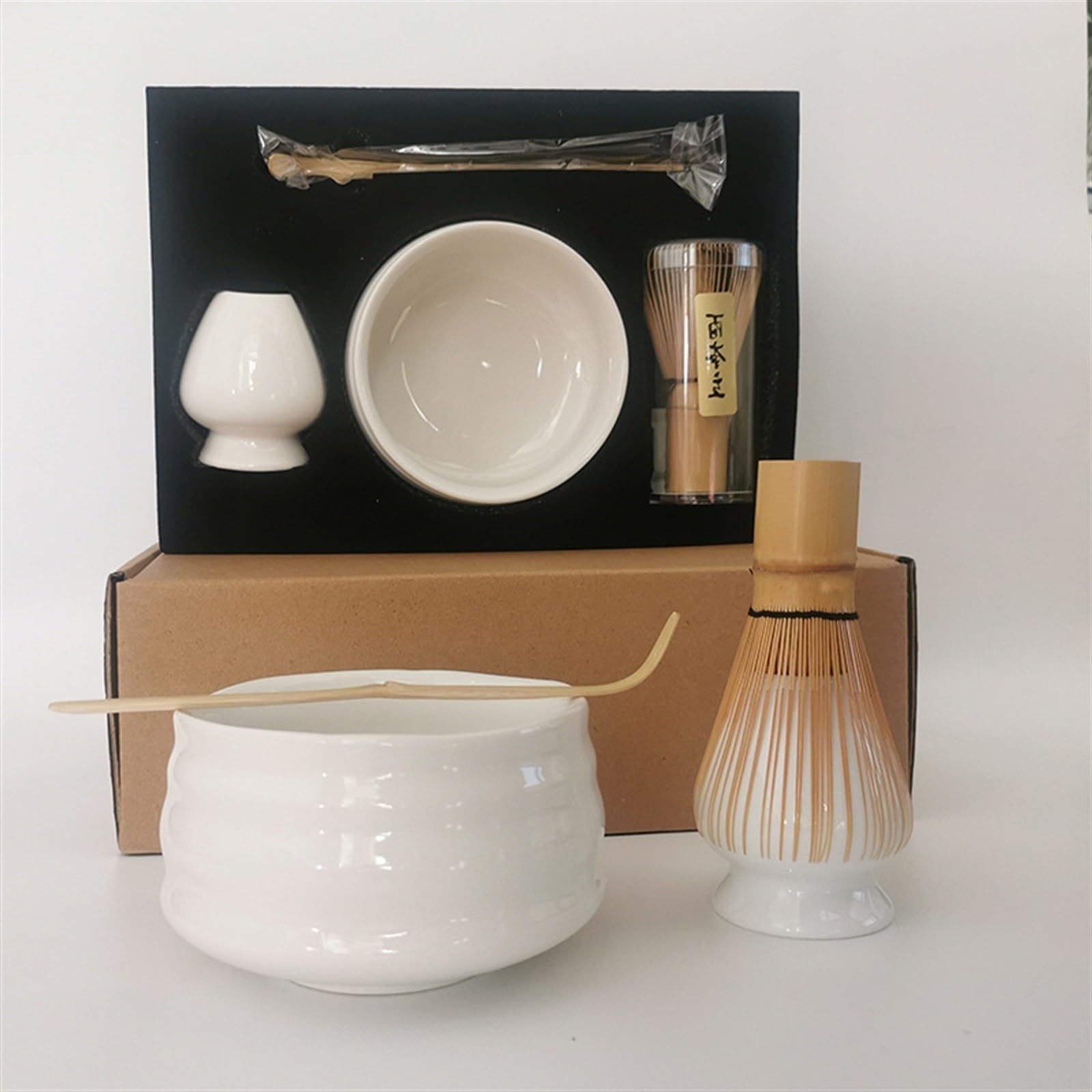 Ensemble de 4 Pièces Thé Traditionnel Japonais Accessoires de Cérémonie Matcha Kit Cuillère à Café en Bambou Cuillere Matcha(Blanc)