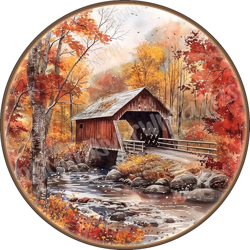 Vintage Round Metal Tin Sign - Country Covered Bridge Welcome