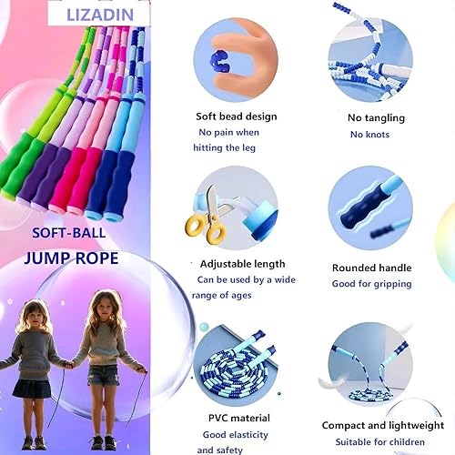 Miniatura 3 de Cuerda de saltar para niños, cuerda de saltar con cuentas suaves, longitud ajustable, sin enredos, cuerda de salto segmentada para niños,
